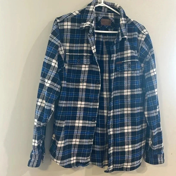 [M]Orvis Blue Plaid Heavyweight Flannel Men Button Down Shirt Jacket - Picture 1 of 8